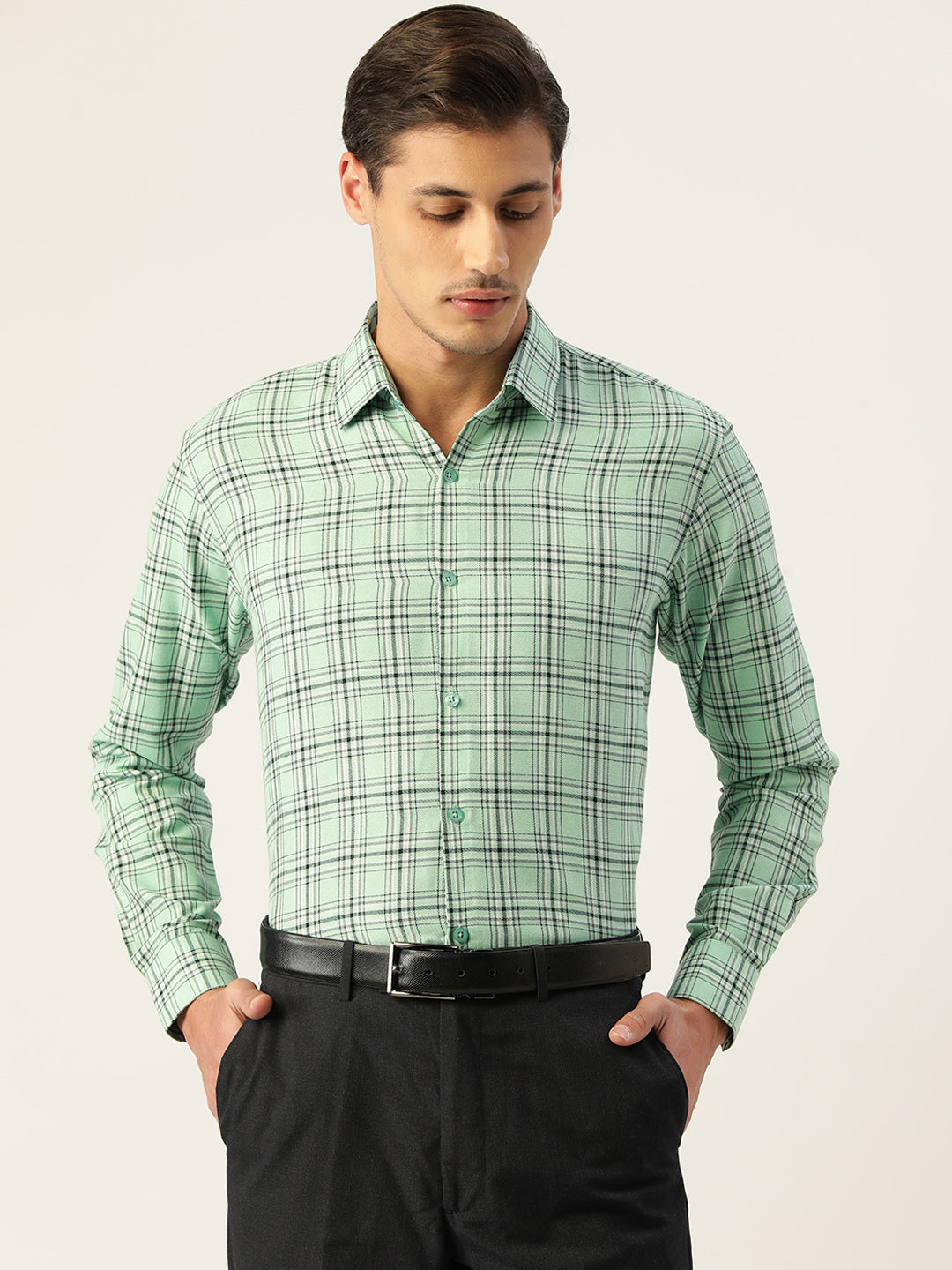 Men's Cotton Checked Formal Shirts ( SF 791Green ) - Jainish