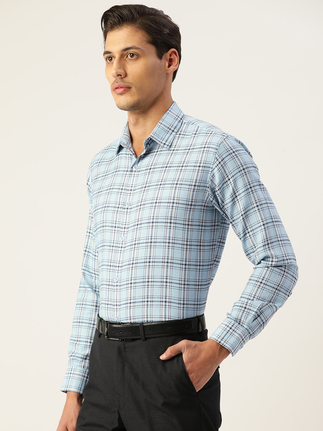 Men's Cotton Checked Formal Shirts ( SF 791Sky ) - Jainish