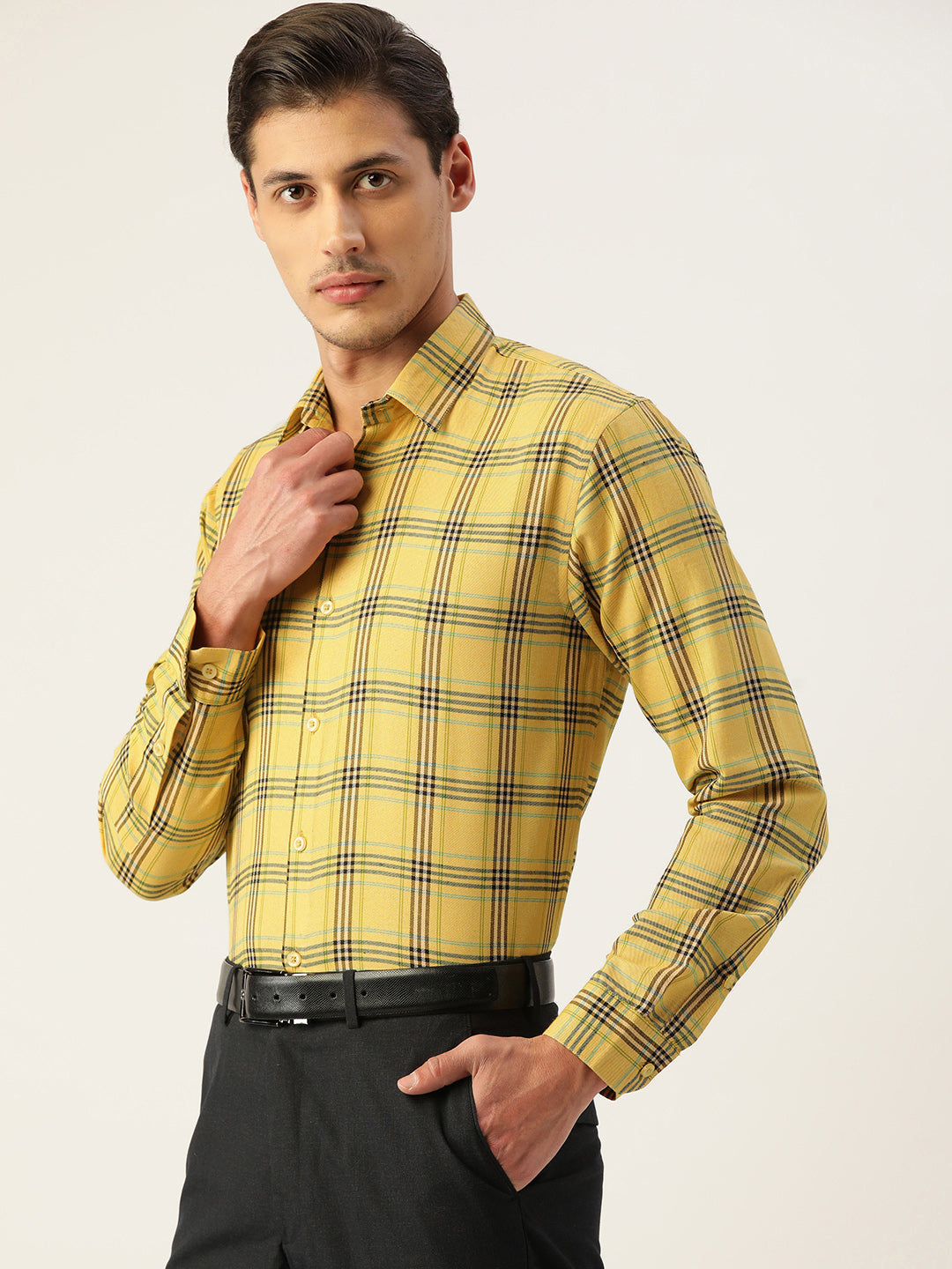 Men's Cotton Checked Formal Shirts ( SF 793Yellow ) - Jainish