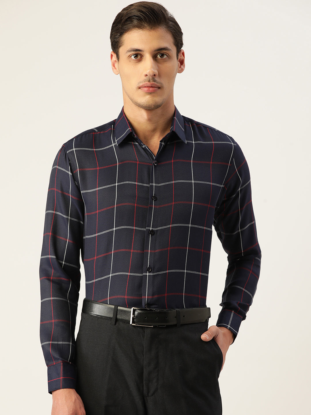 Men's Cotton Checked Formal Shirts ( SF 797Navy ) - Jainish