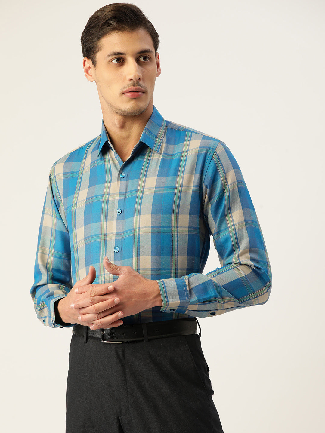 Men's Cotton Checked Formal Shirts ( SF 798Sky ) - Jainish