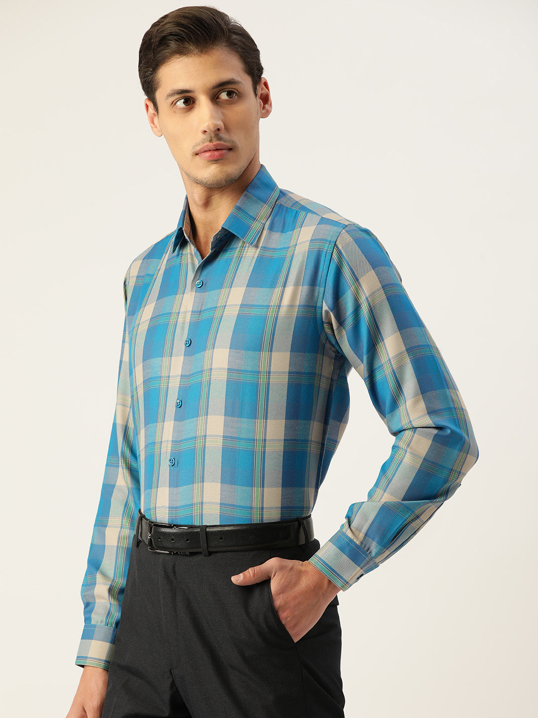 Men's Cotton Checked Formal Shirts ( SF 798Sky ) - Jainish