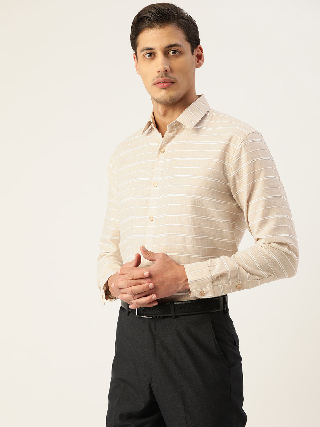 Men's Cotton Striped Formal Shirts ( SF 799Cream ) - Jainish