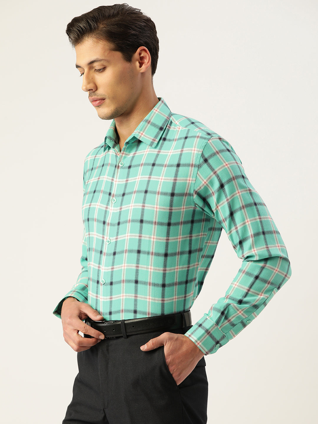 Men's Cotton Checked Formal Shirts ( SF 803Green ) - Jainish