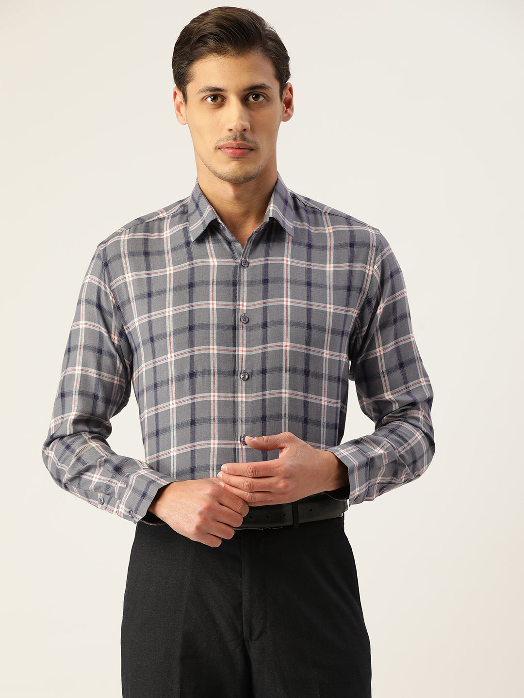 Men's Cotton Checked Formal Shirts ( SF 803Grey ) - Jainish