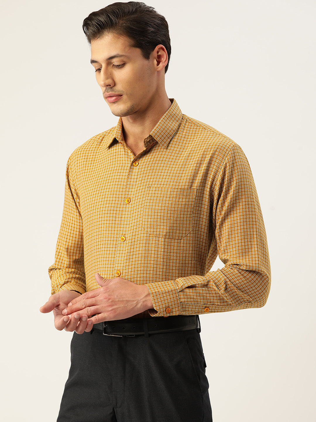 Men's Cotton Checked Formal Shirts ( SF 804Mustard ) - Jainish