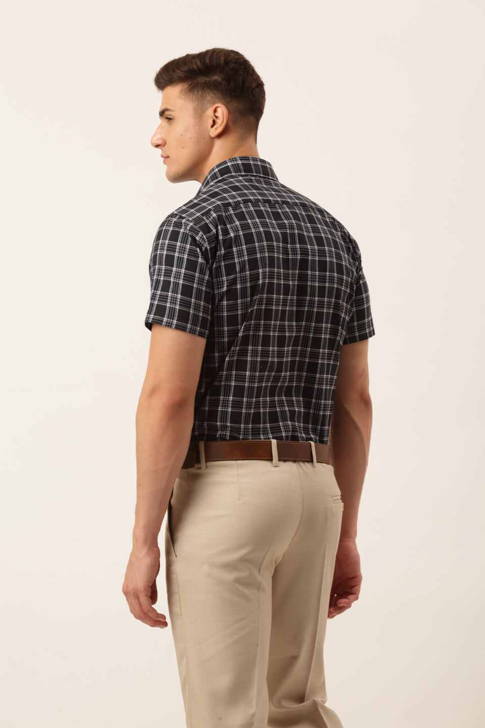 Men's Cotton Checked Half Sleeve Formal Shirts ( SF 808Black ) - Jainish