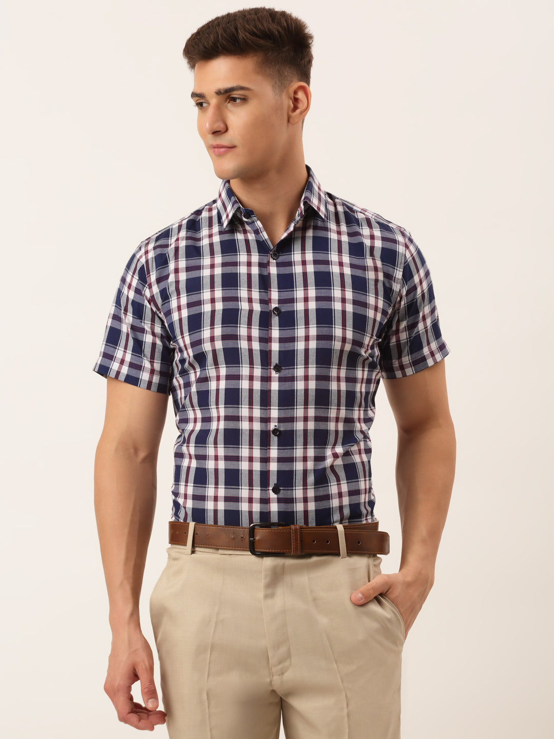 Men's Cotton Checked Half Sleeve Formal Shirts ( SF 808Navy ) - Jainish