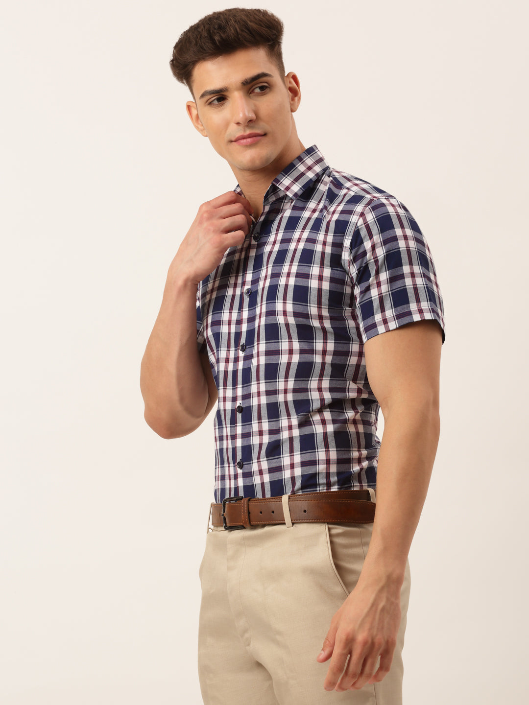 Men's Cotton Checked Half Sleeve Formal Shirts ( SF 808Navy ) - Jainish
