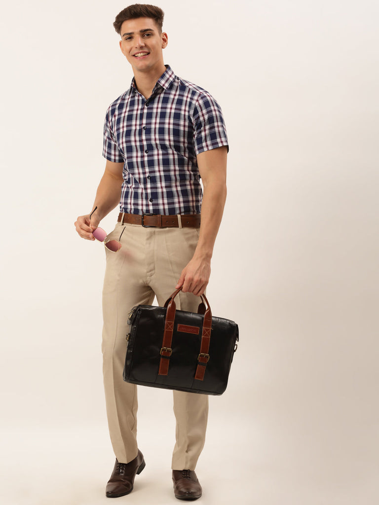 Men's Cotton Checked Half Sleeve Formal Shirts ( SF 808Navy )