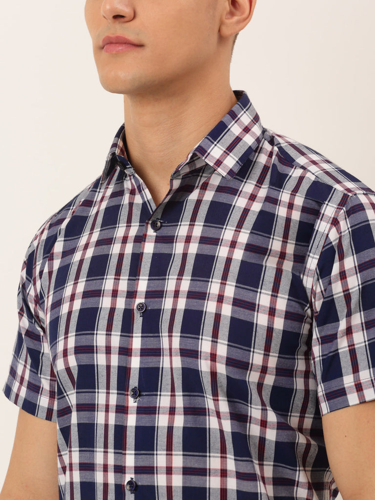 Men's Cotton Checked Half Sleeve Formal Shirts ( SF 808Navy )