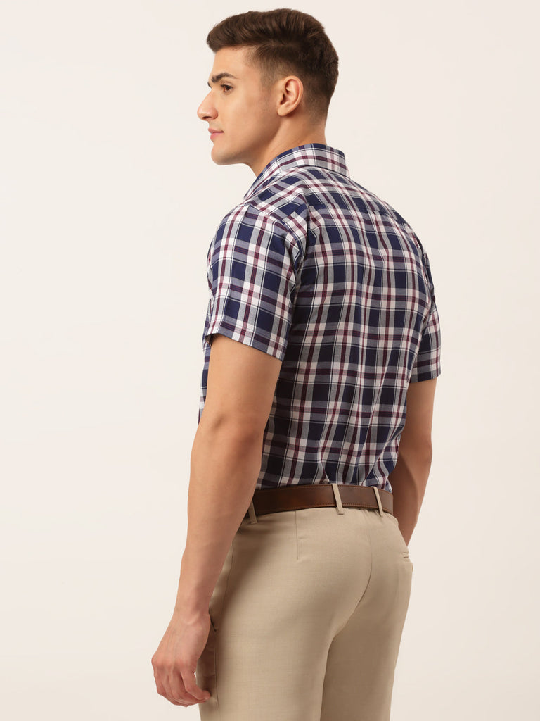 Men's Cotton Checked Half Sleeve Formal Shirts ( SF 808Navy )