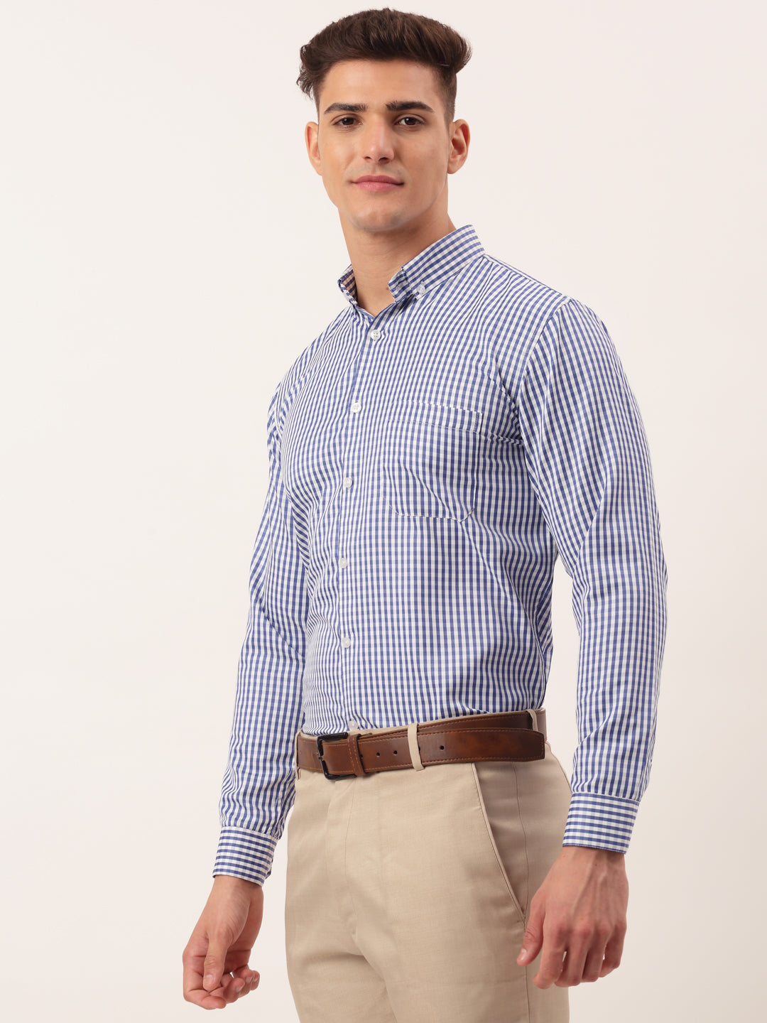 Men's Cotton Checked Button Down Collar Formal Shirts ( SF 810Blue ) - Jainish