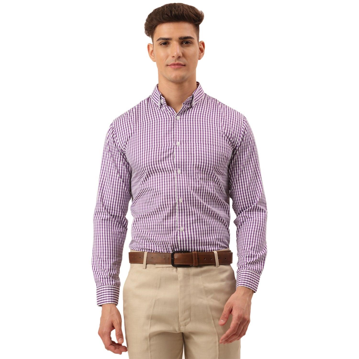 Men's Cotton Checked Button Down Collar Formal Shirts ( SF 810Purple ) - Jainish
