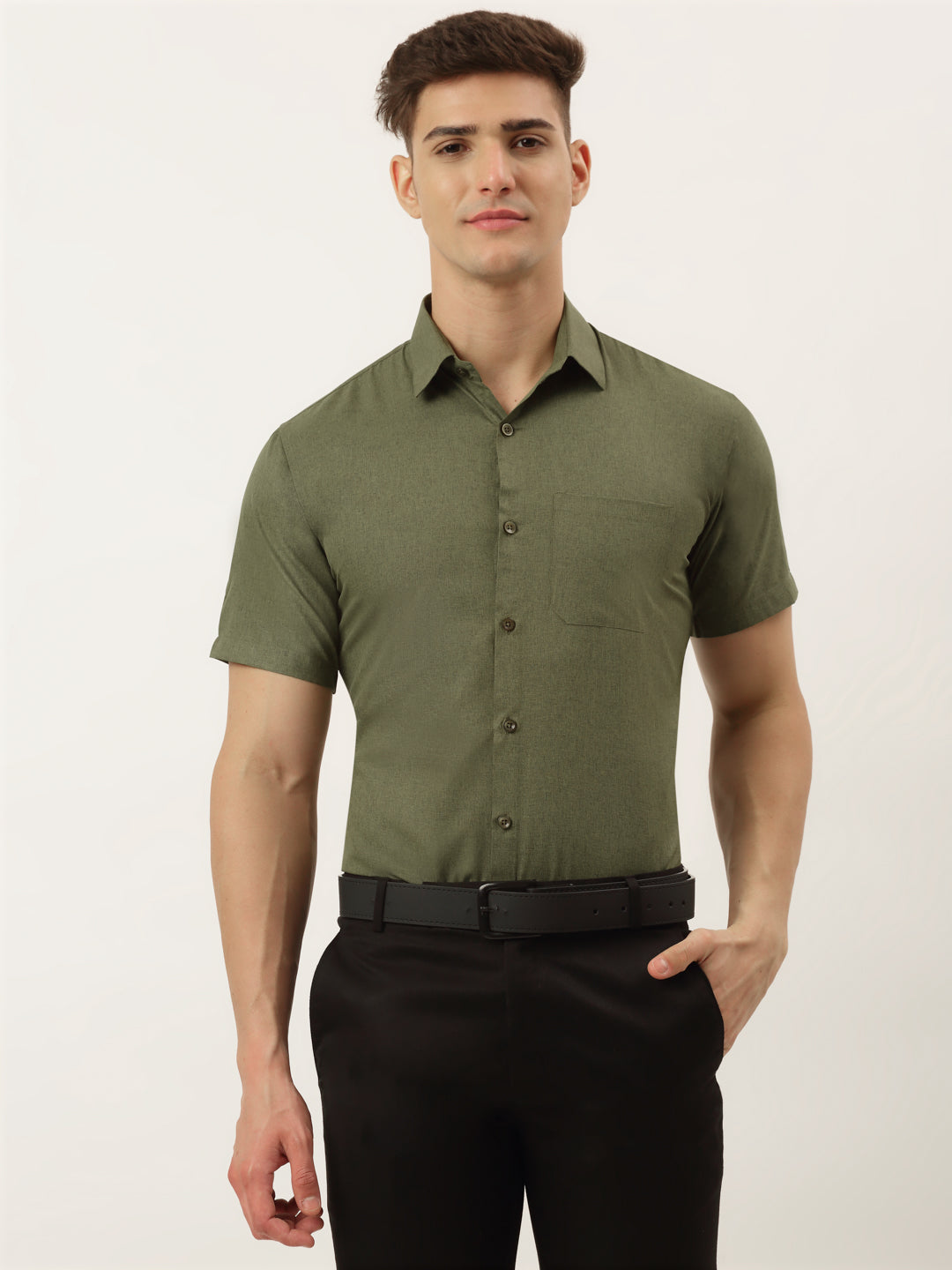 Men's Cotton Solid Half Sleeve Formal Shirts ( SF 811Olive ) - Jainish