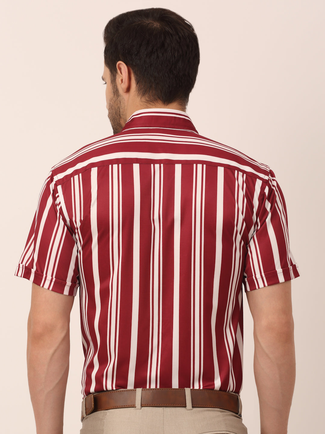 Men's Lycra Striped Half Sleeve Formal Shirts ( SF 812Maroon ) - Jainish