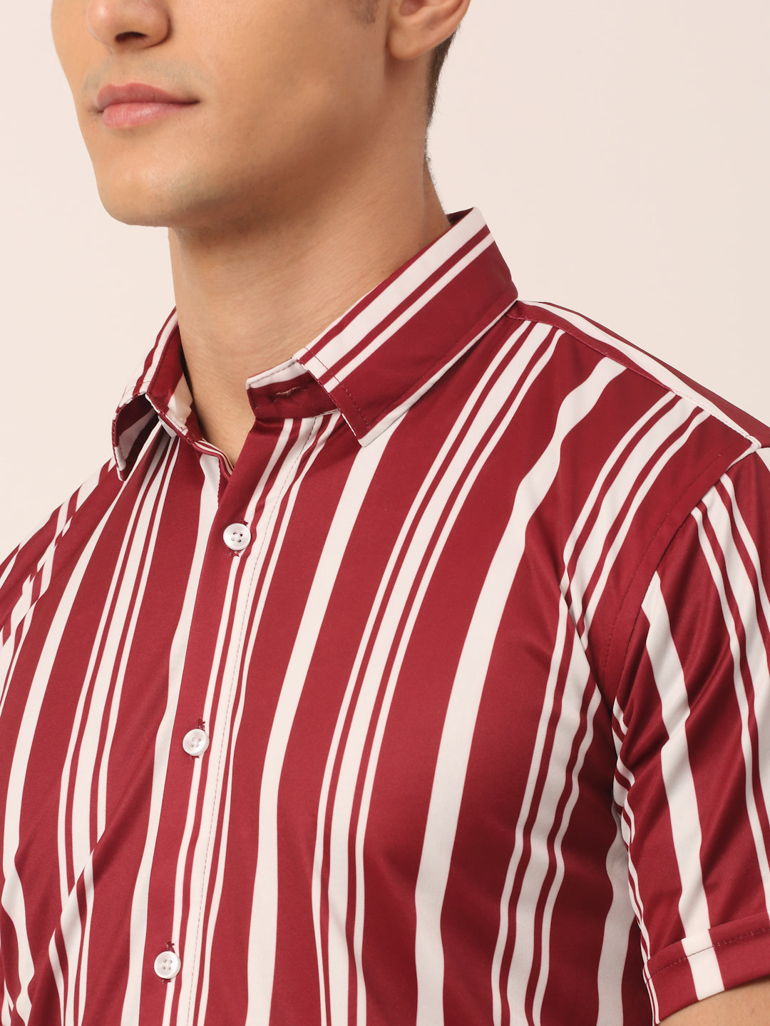 Men's Lycra Striped Half Sleeve Formal Shirts ( SF 812Maroon ) - Jainish
