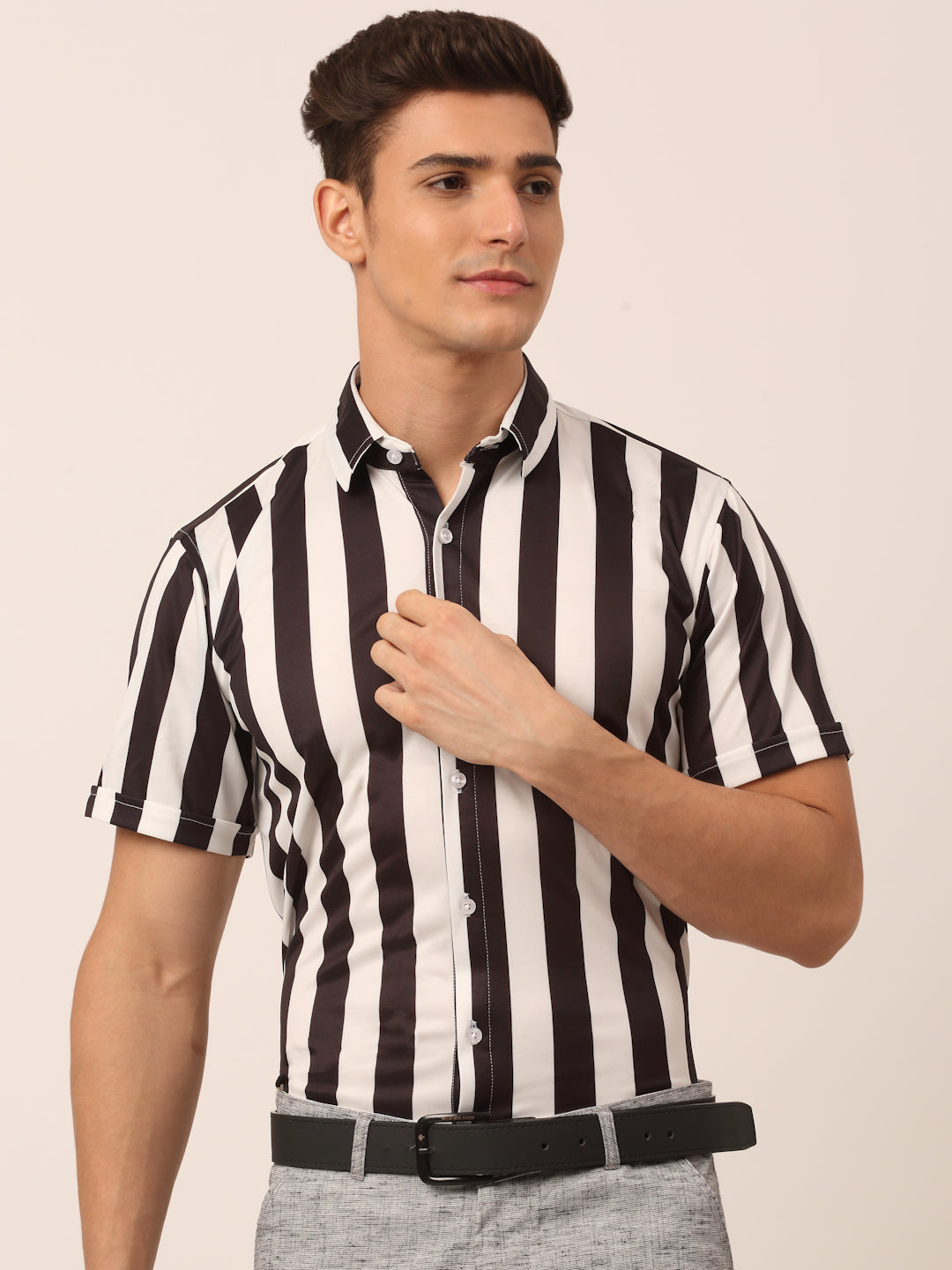 Men's Lycra Striped Half Sleeve Formal Shirts ( SF 812White ) - Jainish
