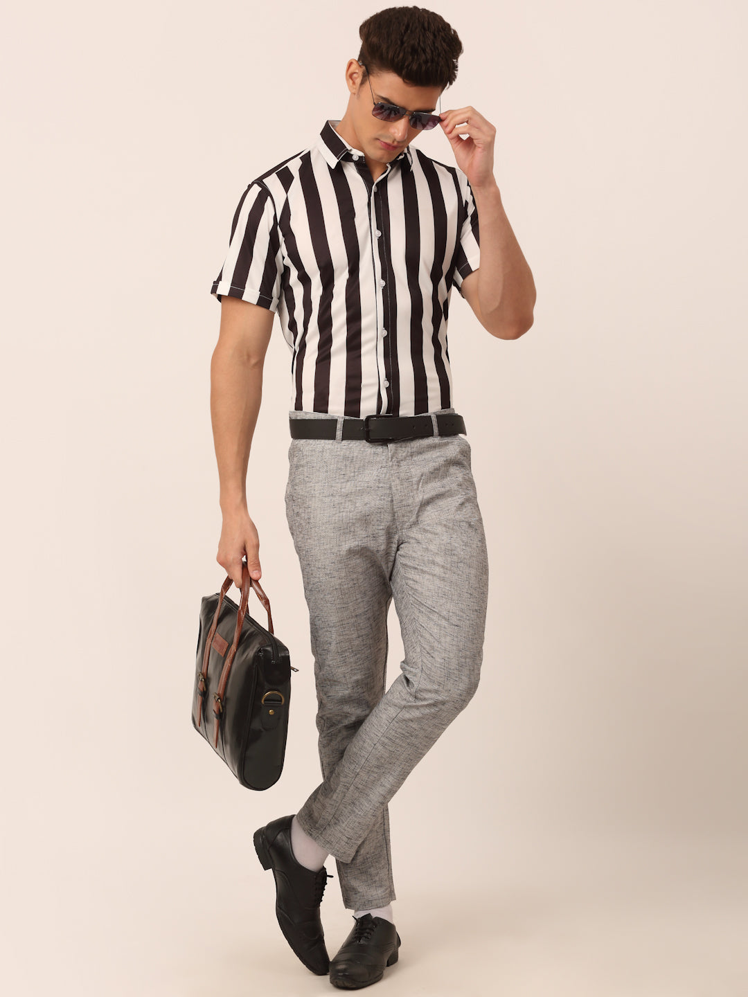 Men's Lycra Striped Half Sleeve Formal Shirts ( SF 812White ) - Jainish