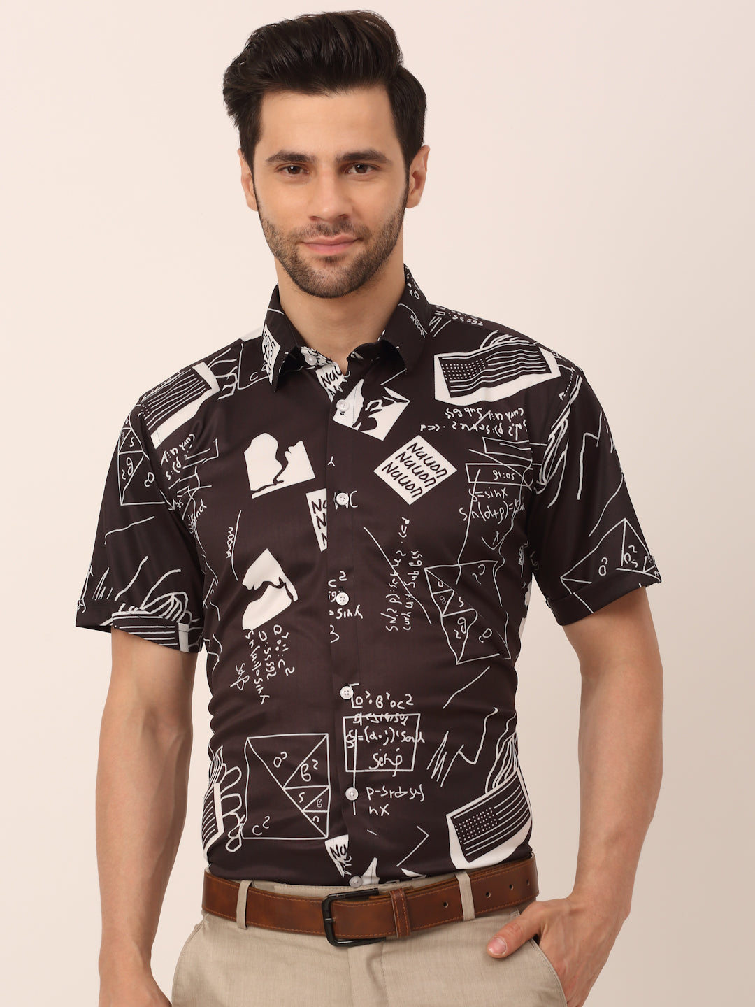 Men's Lycra Printed Half Sleeve Formal Shirts ( SF 813Black ) - Jainish