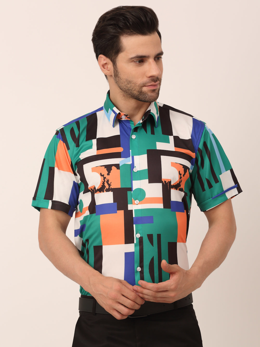 Men's Lycra Printed Half Sleeve Formal Shirts ( SF 814Green ) - Jainish