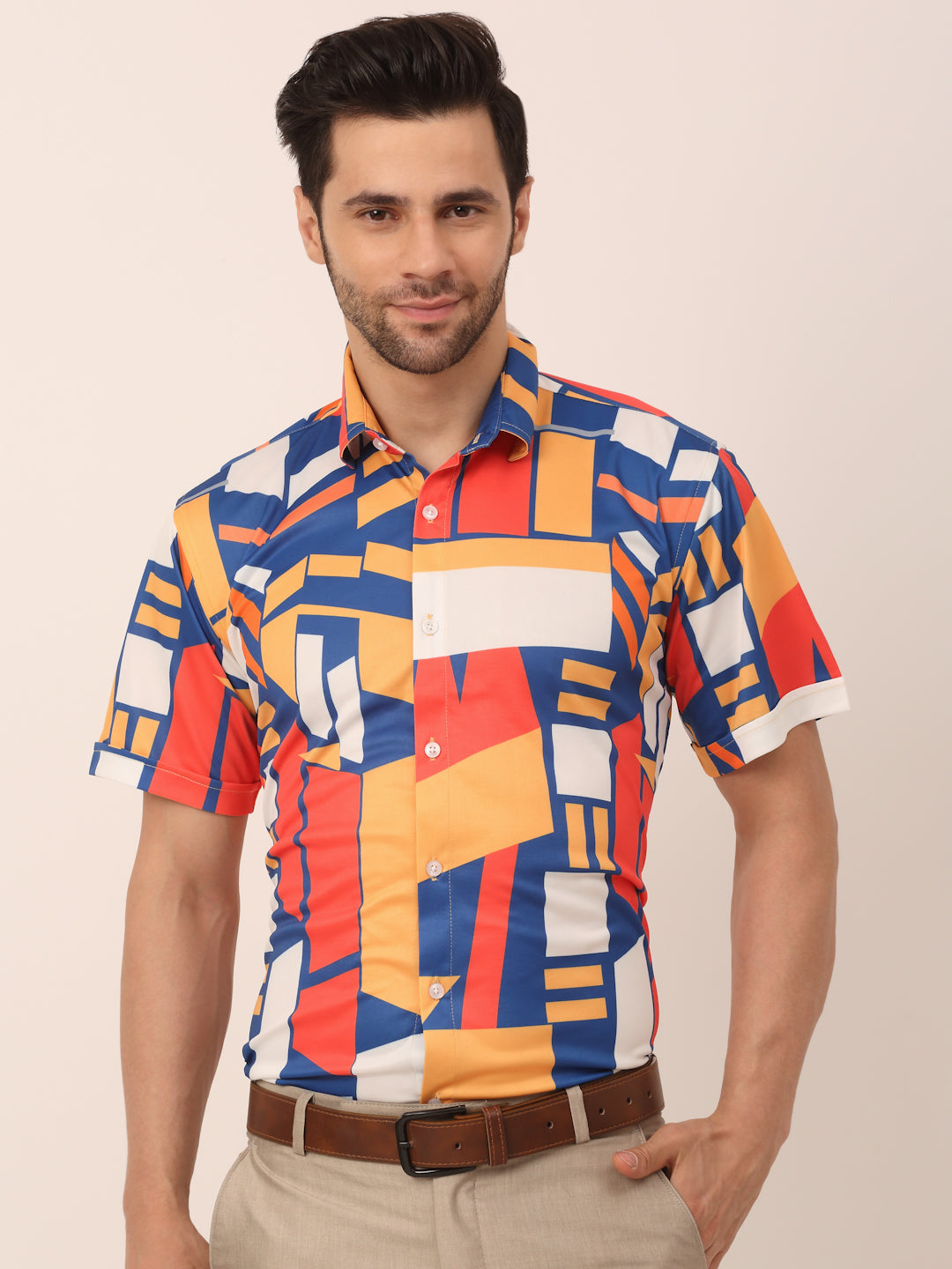 Men's Lycra Printed Half Sleeve Formal Shirts ( SF 814Navy ) - Jainish