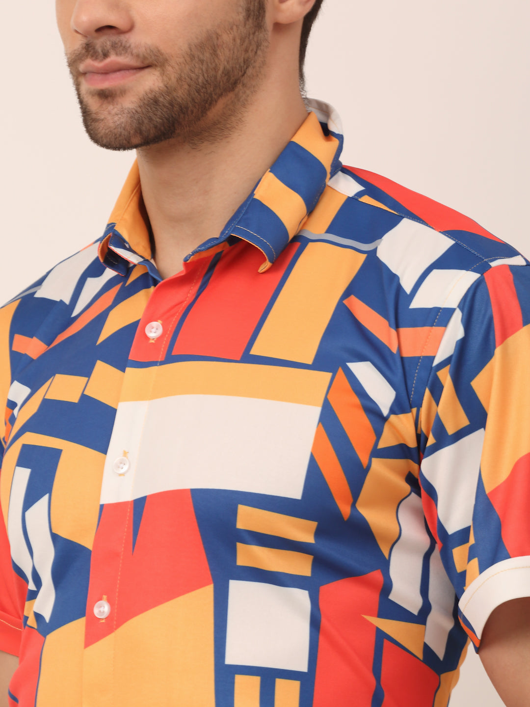 Men's Lycra Printed Half Sleeve Formal Shirts ( SF 814Navy ) - Jainish