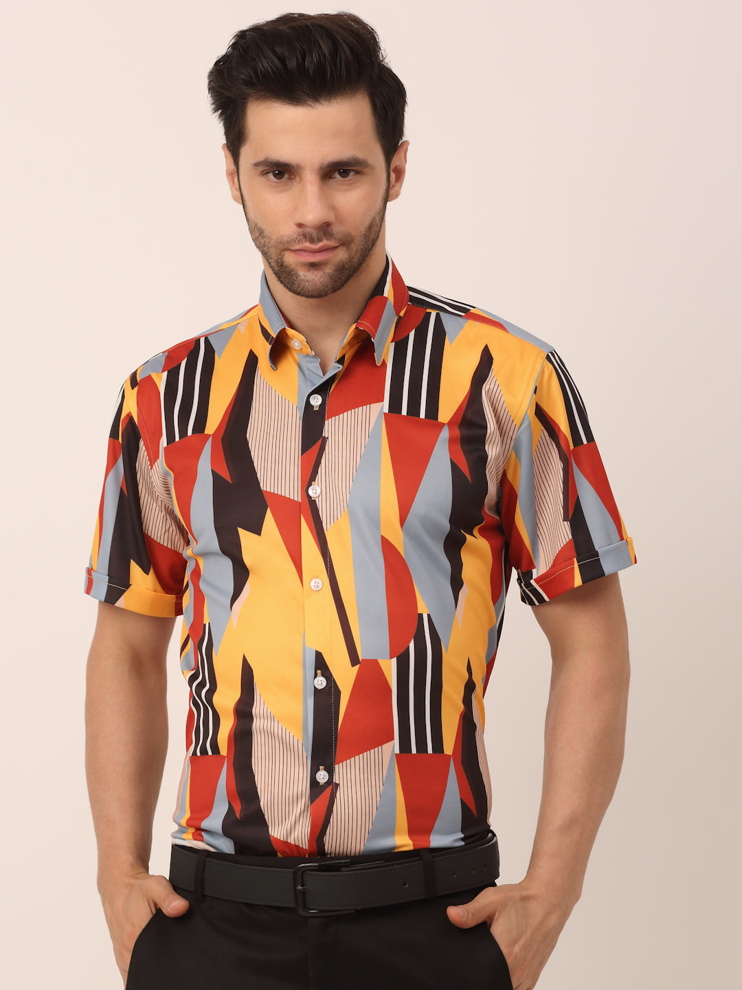 Men's Lycra Printed Half Sleeve Formal Shirts ( SF 814Yellow ) - Jainish
