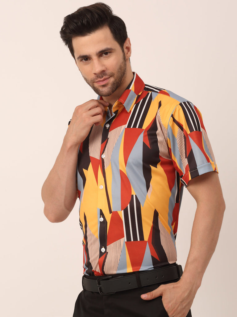 Men's Lycra Printed Half Sleeve Formal Shirts ( SF 814Yellow )