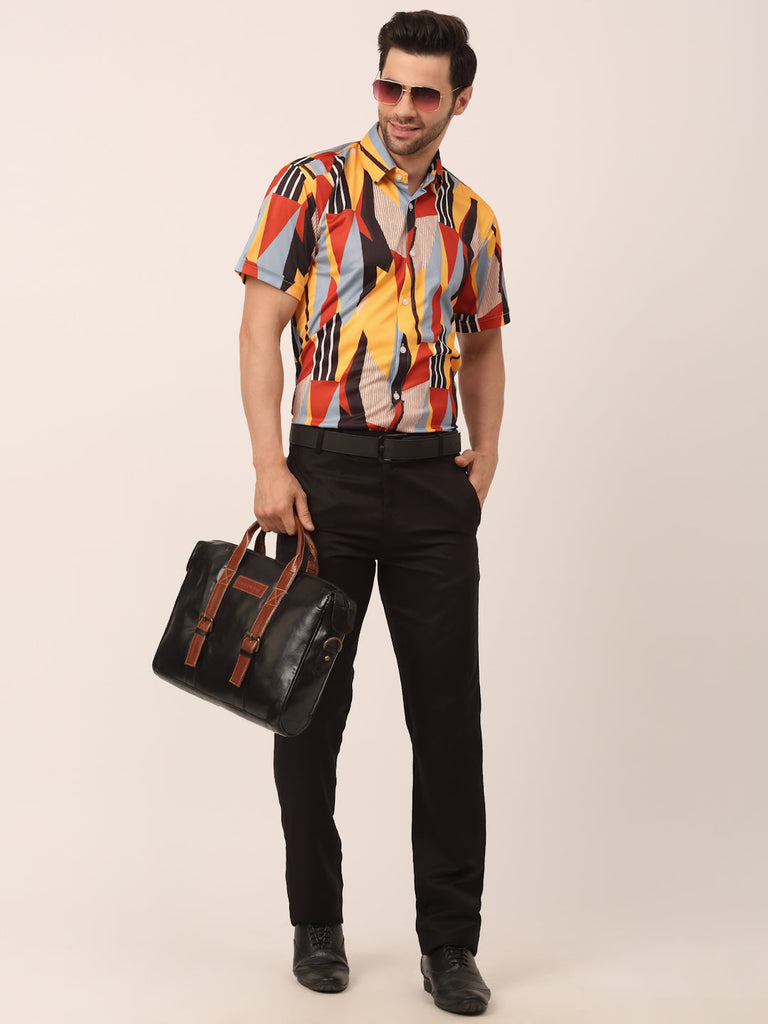 Men's Lycra Printed Half Sleeve Formal Shirts ( SF 814Yellow )