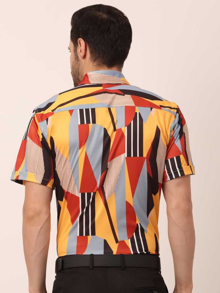Men's Lycra Printed Half Sleeve Formal Shirts ( SF 814Yellow )
