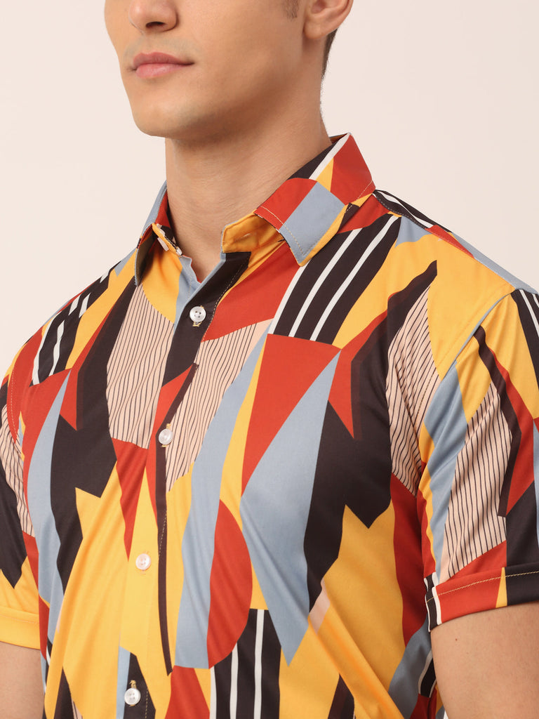 Men's Lycra Printed Half Sleeve Formal Shirts ( SF 814Yellow )