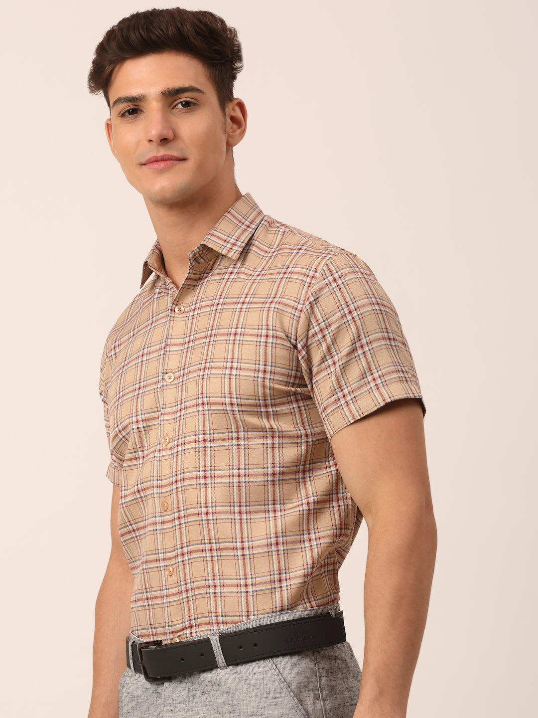 Men's Cotton Checked Half Sleeve Formal Shirts ( SF 815Brown ) - Jainish