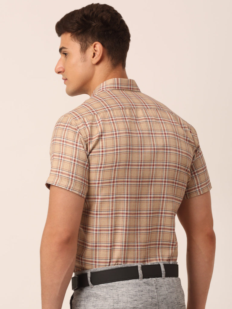 Men's Cotton Checked Half Sleeve Formal Shirts ( SF 815Brown )