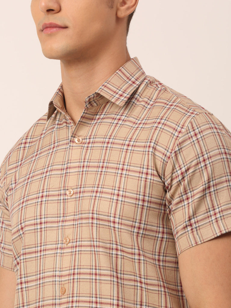 Men's Cotton Checked Half Sleeve Formal Shirts ( SF 815Brown )