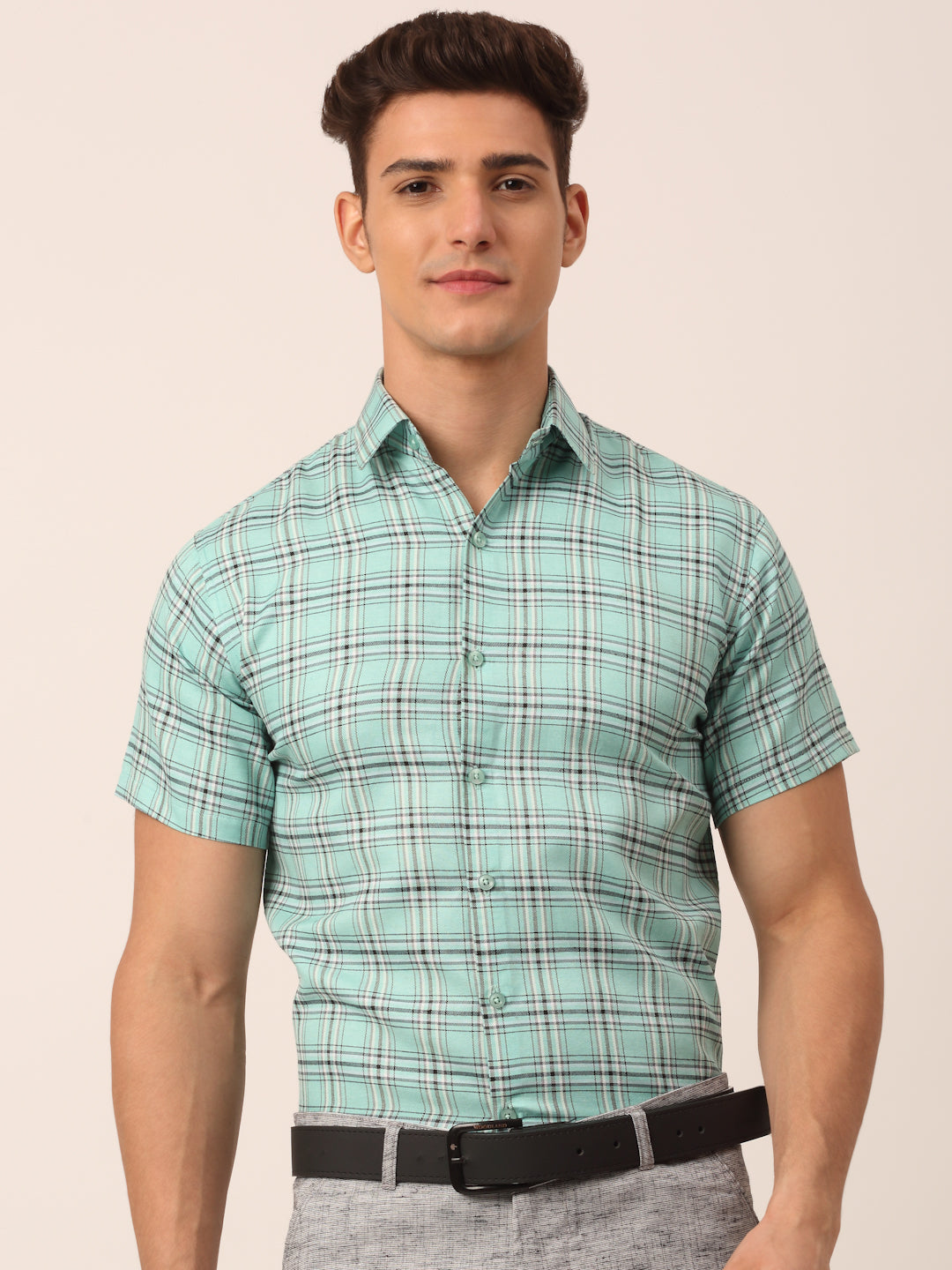 Men's Cotton Checked Half Sleeve Formal Shirts ( SF 815Green ) - Jainish