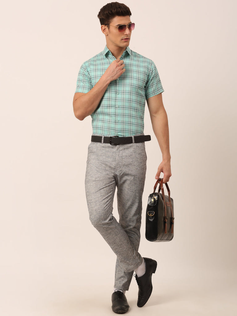 Men's Cotton Checked Half Sleeve Formal Shirts ( SF 815Green )