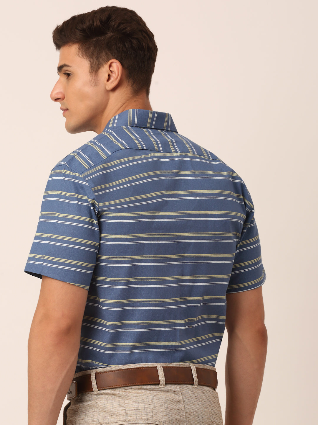 Men's Cotton Striped Half Sleeve Formal Shirts ( SF 816Blue ) - Jainish