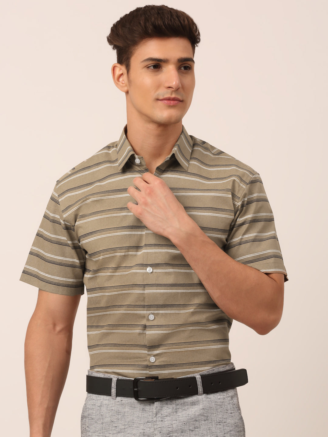 Men's Cotton Striped Half Sleeve Formal Shirts ( SF 816Brown ) - Jainish