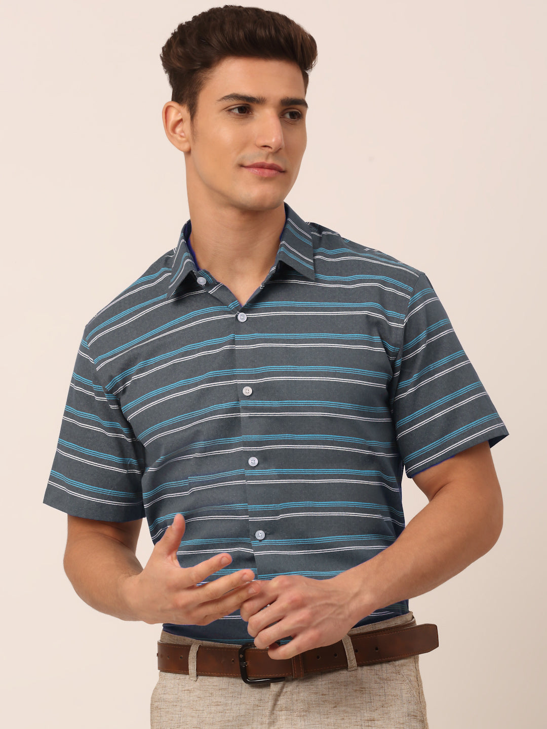 Men's Cotton Striped Half Sleeve Formal Shirts ( SF 816Grey ) - Jainish