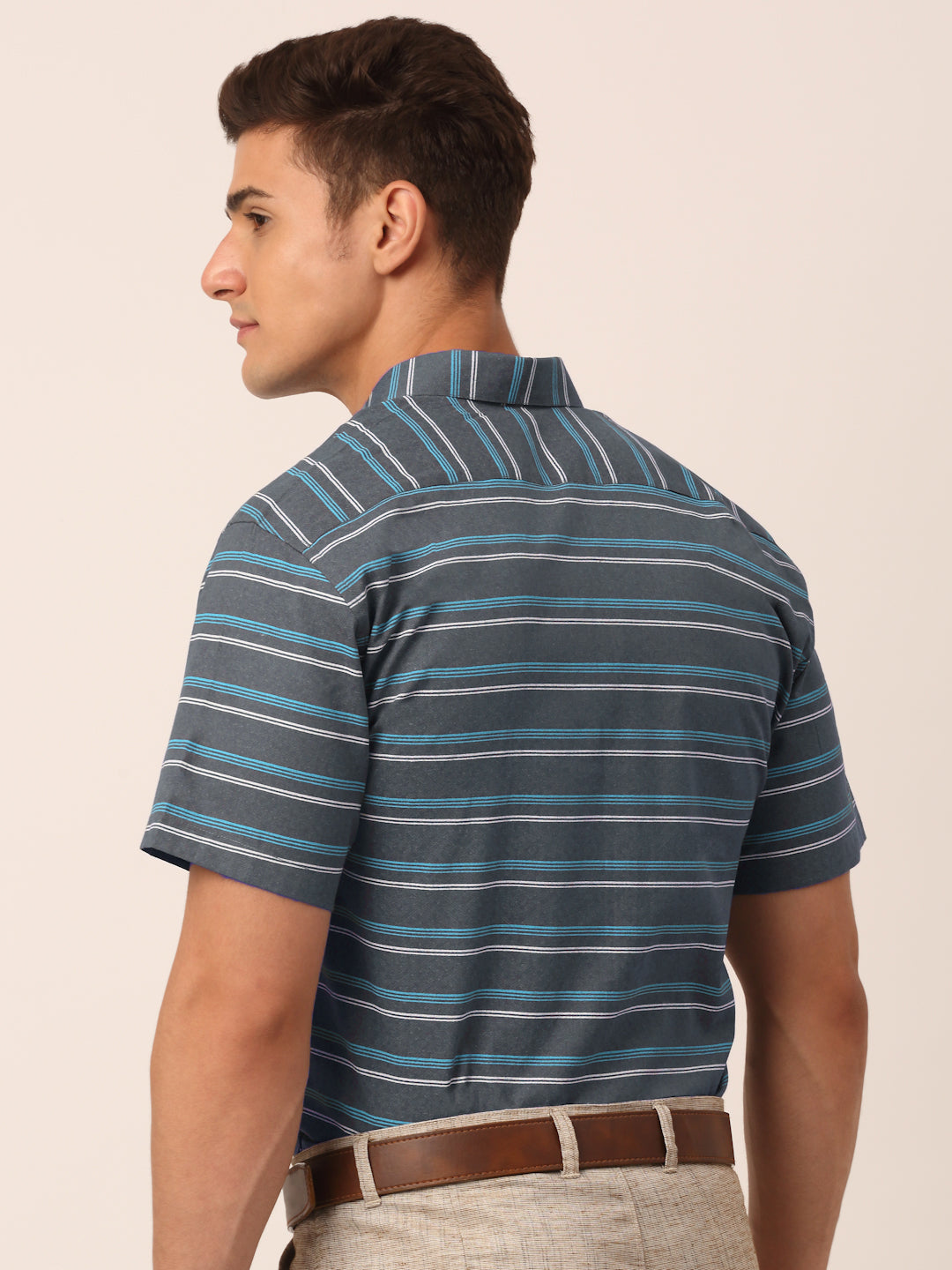 Men's Cotton Striped Half Sleeve Formal Shirts ( SF 816Grey ) - Jainish