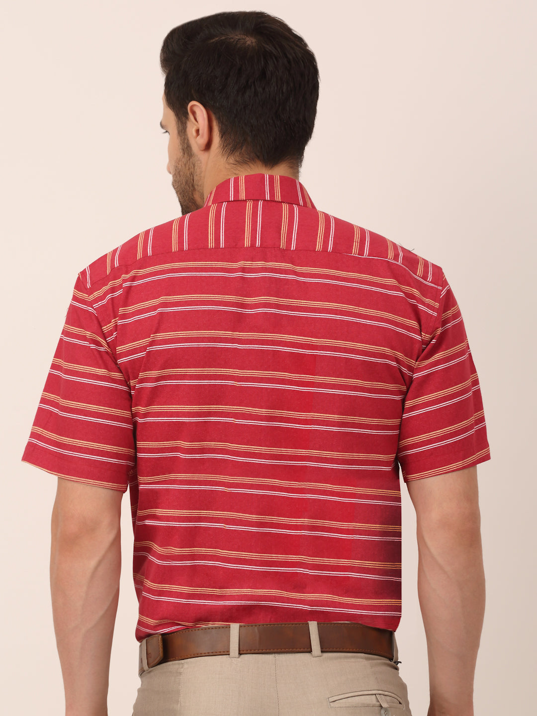 Men's Cotton Striped Half Sleeve Formal Shirts ( SF 816Maroon ) - Jainish