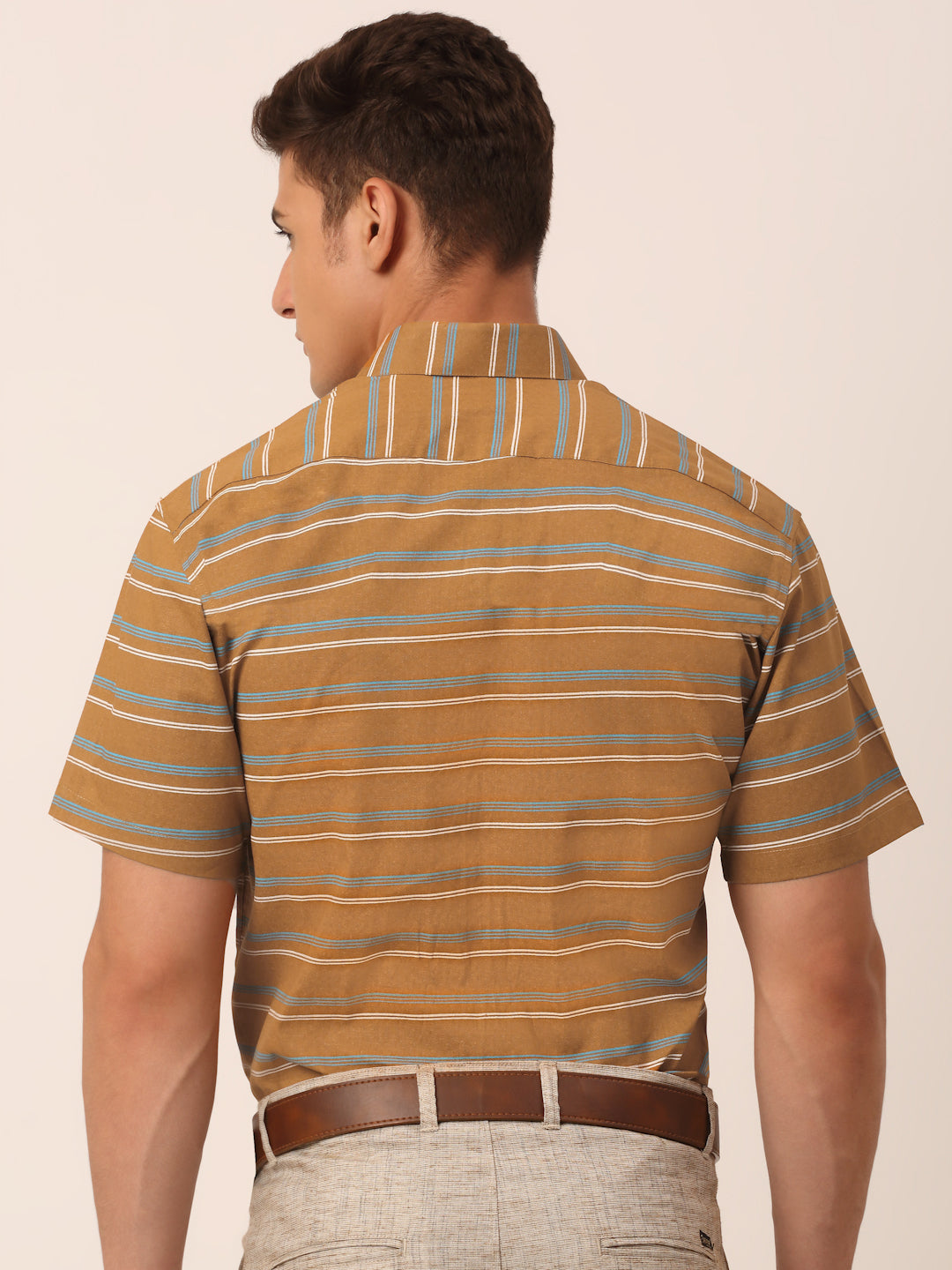 Men's Cotton Striped Half Sleeve Formal Shirts ( SF 816Mustard ) - Jainish