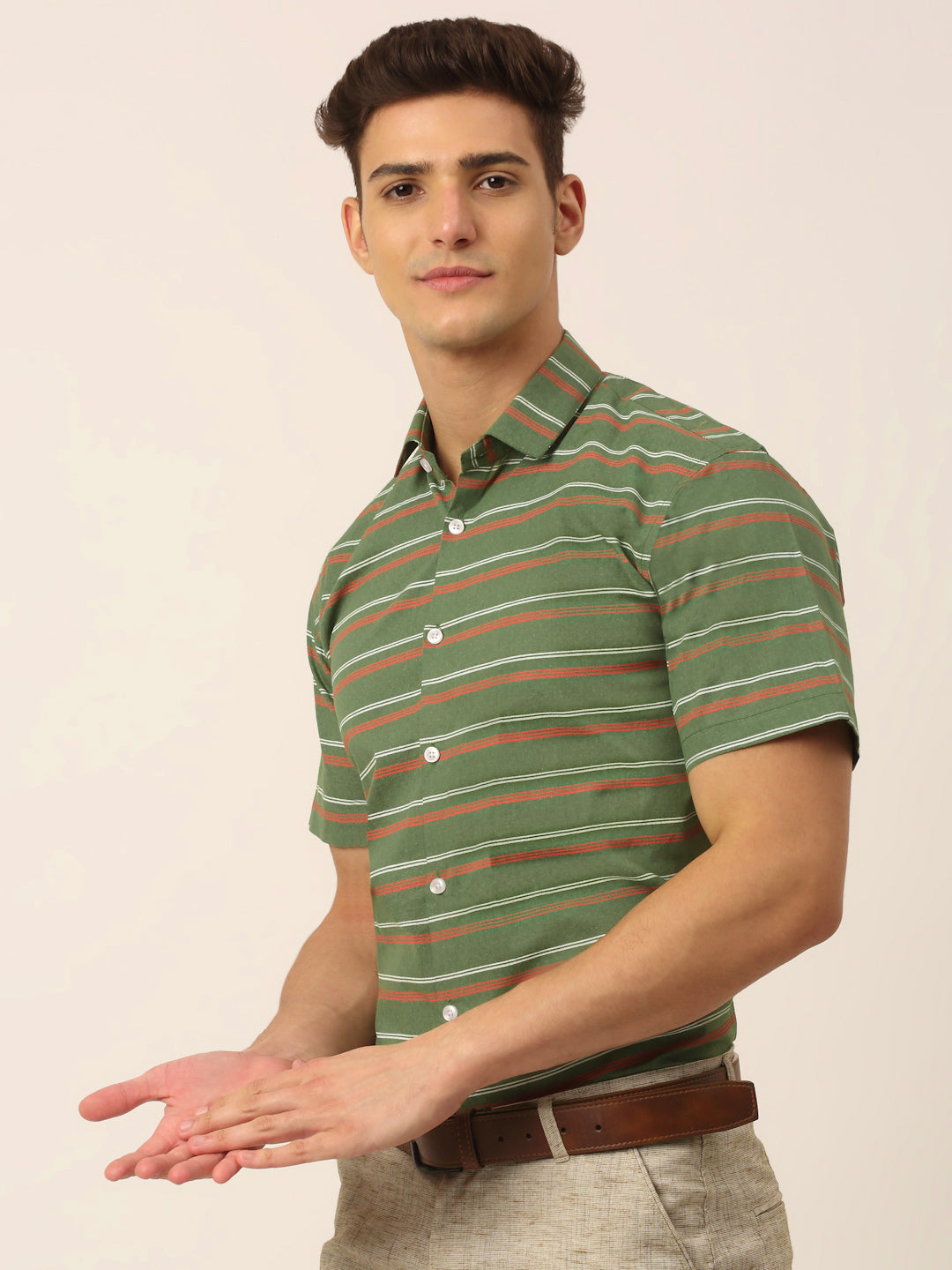 Men's Cotton Striped Half Sleeve Formal Shirts ( SF 816Olive ) - Jainish