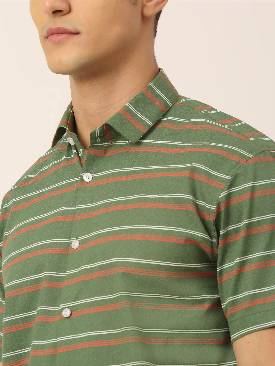 Men's Cotton Striped Half Sleeve Formal Shirts ( SF 816Olive ) - Jainish
