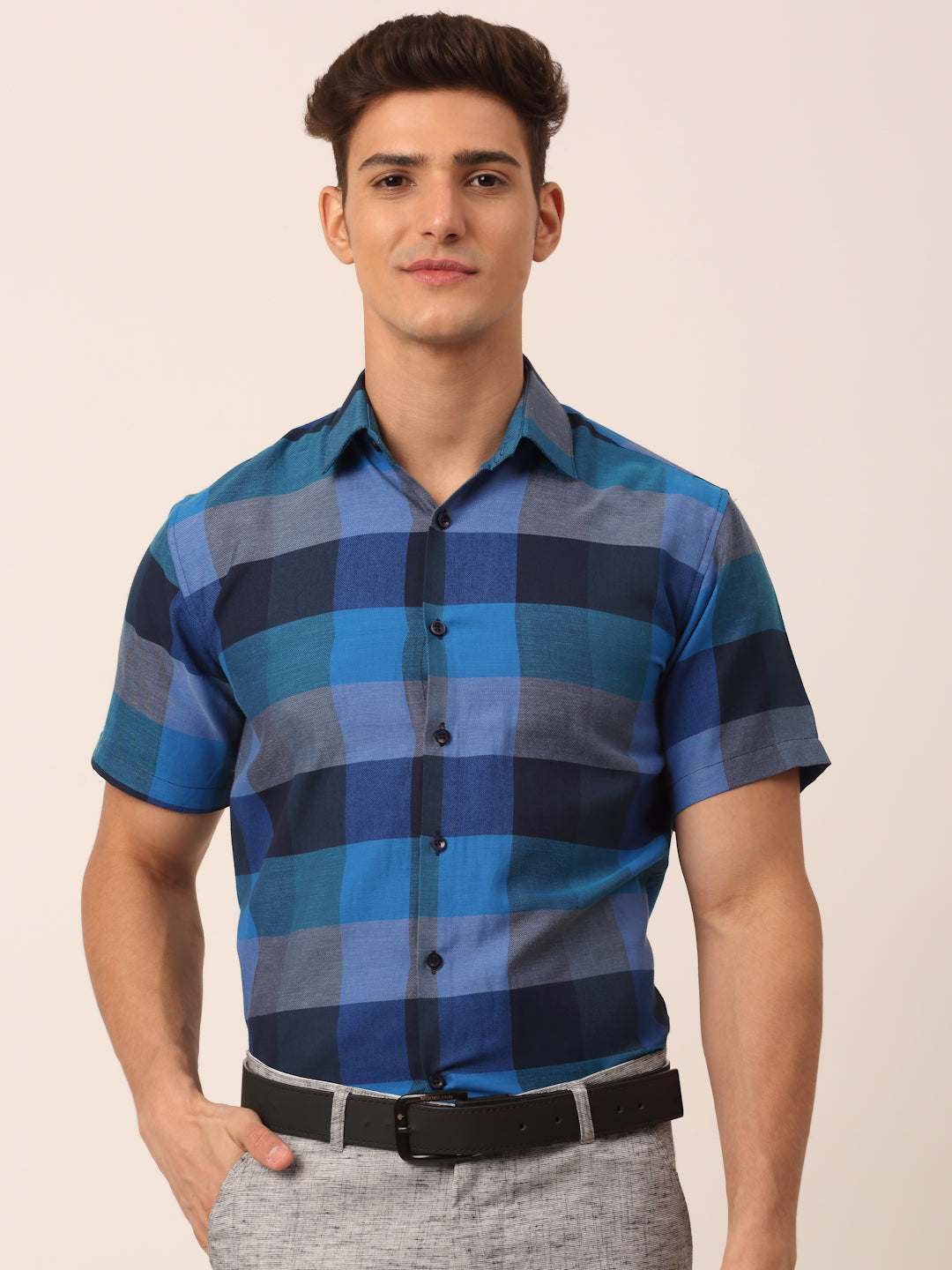 Men's Cotton Checked Half Sleeve Formal Shirts ( SF 817Blue ) - Jainish