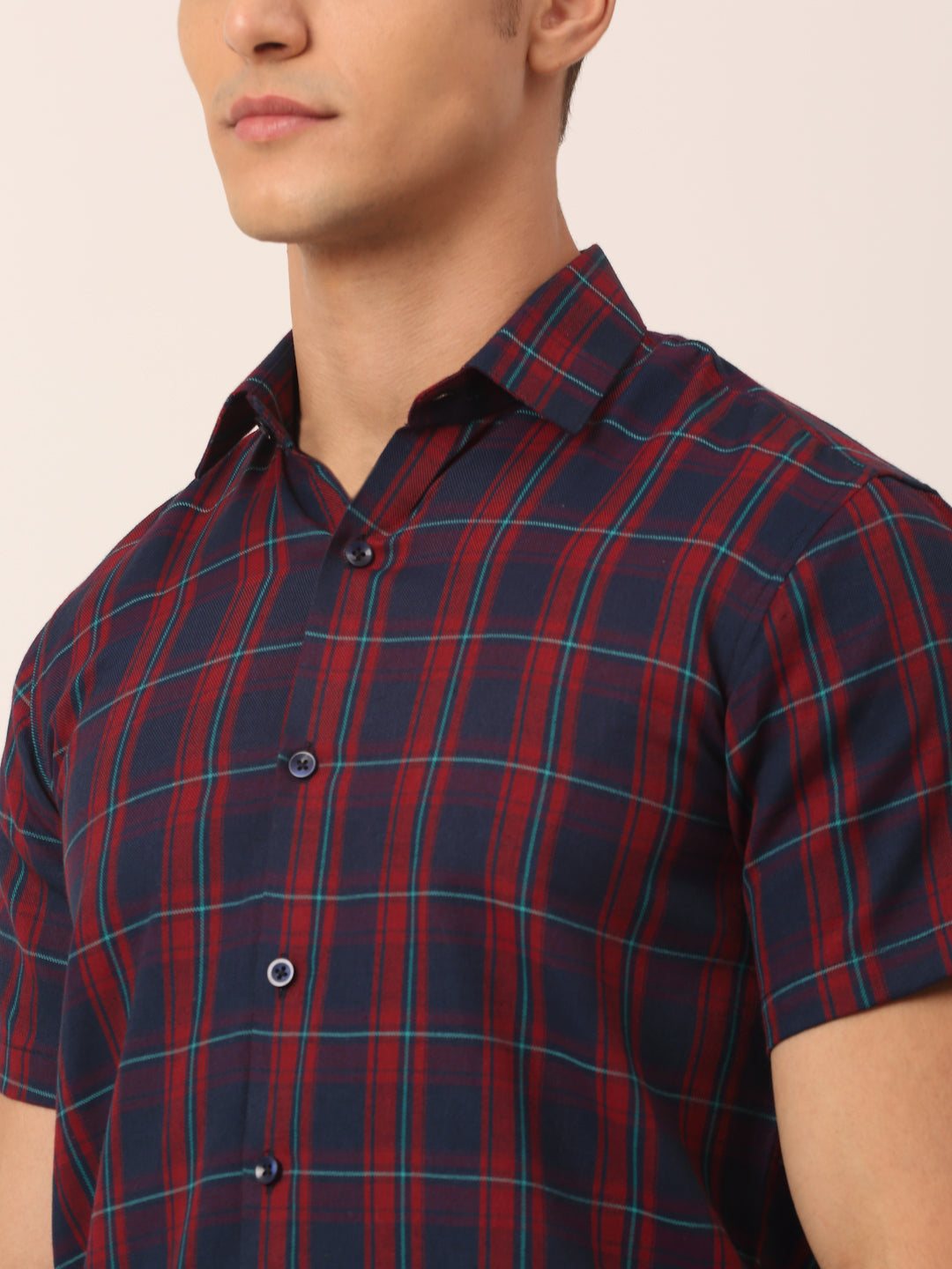 Men's Cotton Checked Half Sleeve Formal Shirts ( SF 818Red-Blue ) - Jainish
