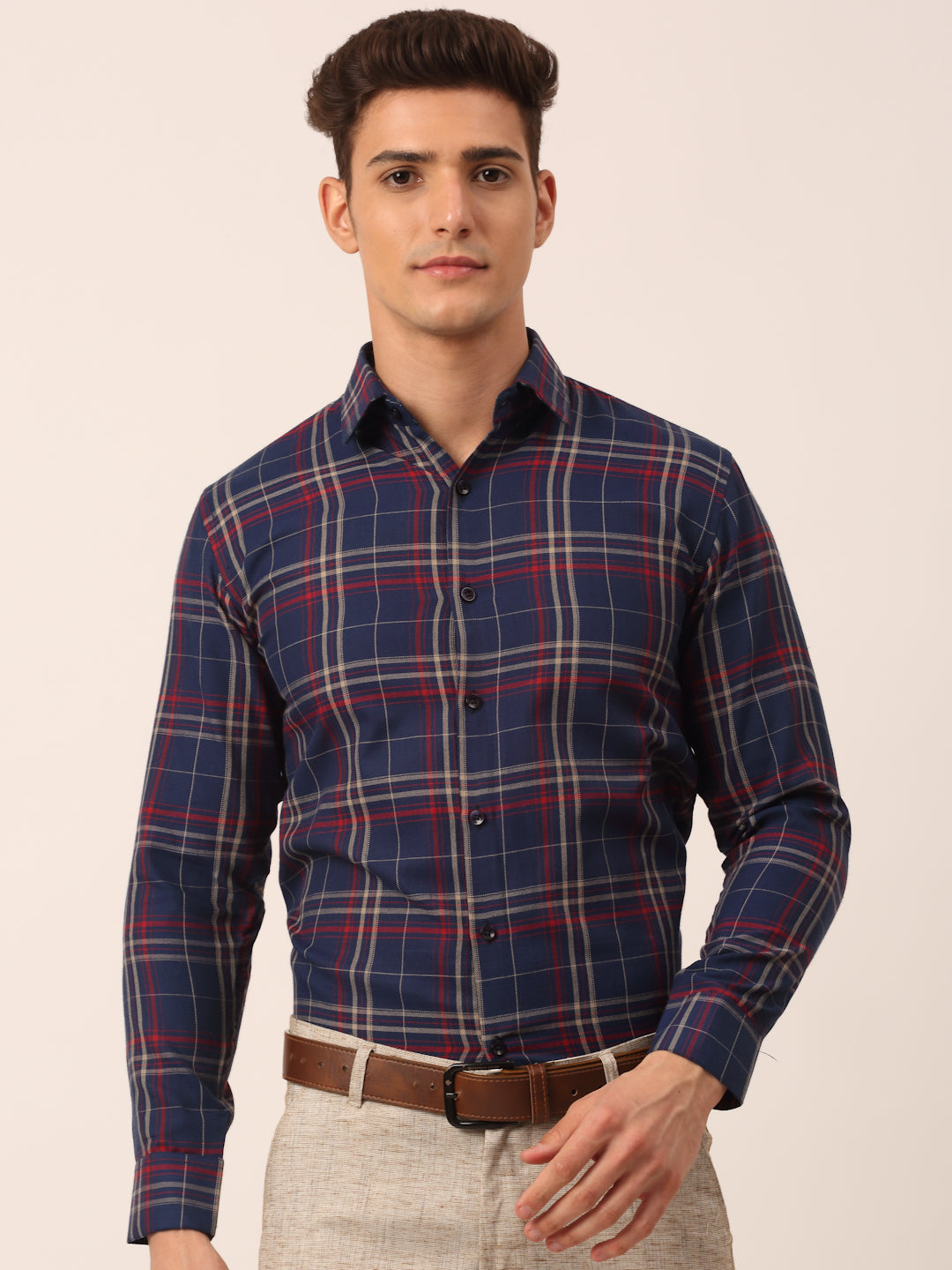 Men's Cotton Checked Formal Shirts ( SF 819Navy ) - Jainish
