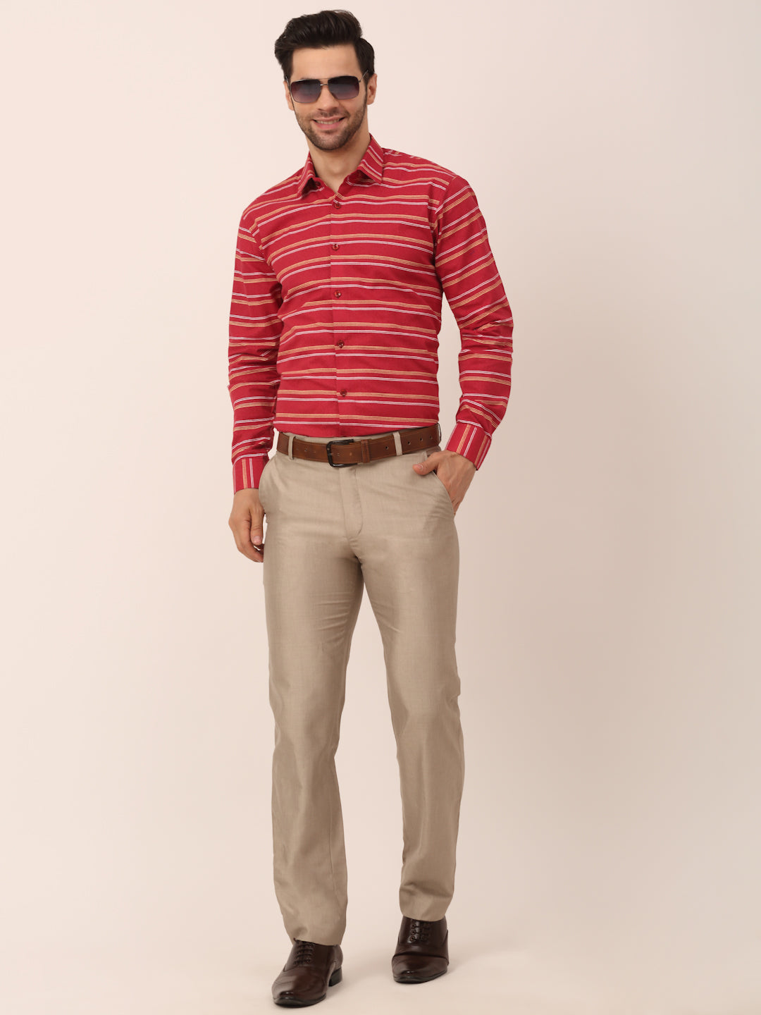 Men's  Cotton Striped Formal Shirts ( SF 820Maroon ) - Jainish
