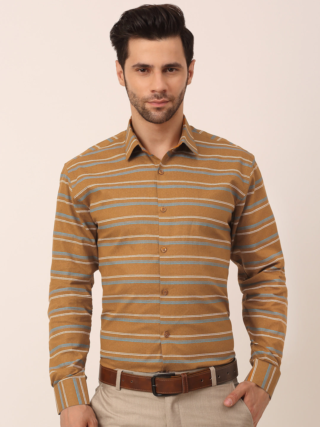 Men's  Cotton Striped Formal Shirts ( SF 820Mustard ) - Jainish